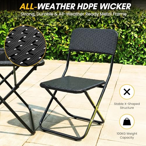 Image of DEVOKO Foldable 3-Piece Outdoor Patio Wicker Furniture Set with Glass Top Table, All-Weather HDPE Rattan, Rustproof Metal Frame for Garden, Balcony & Lawn (Black)