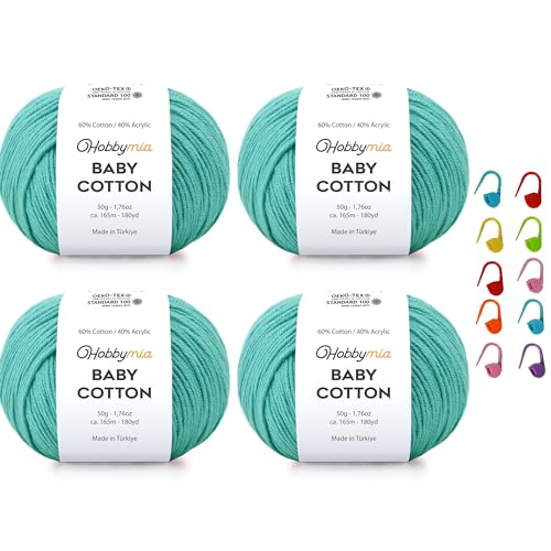 Image of Baby Cotton Blend Yarn - Soft Sport Weight Yarn for Crochet & Amigurumi - 50g /180yds - 60% Cotton 40% Acrylic - Ideal for Baby & Knitting Proj. & 10 Stitch Markers(Light Sea Green, 4 Balls)