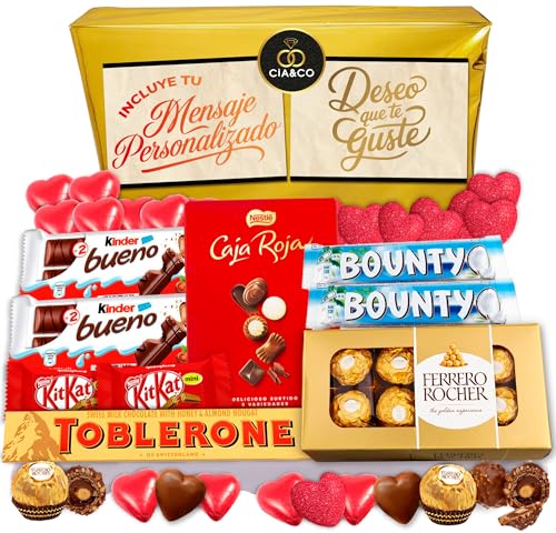 Lote Corazón: Regalo Dulce San Valentín – Lote de Chocolates y Bombones Variados con Caja Roja de Bombones · Ferrero Rocher, Kinder Bueno, Toblerone · Envoltorio Regalo + Tarjeta Personalizable