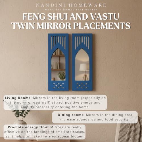 Image of Nandini Handcrafted Traditional Set of 2 MDF Wooden Mirror Jharokha Wall Art | Blue Modern Boho Style Decorative Mirror Wall Hangings (Blue Modern Set of 2)