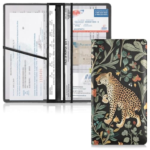 GuoChe Pu Leather Car Registration & Insurance Card Holder Men Women Essential Wallet Case for any Car, Truck, Motorcycle, Trailer or Boat Leopard Floral Pattern3