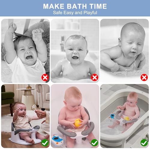 Image of Baby Bath seat for Babies 6 Months & up, 360 Stable Toddler Bath Chair with one-Touch Button, Back Hollow Design, Water Temperature Card & 4 Suction Cups for Safety (Dark Gray)