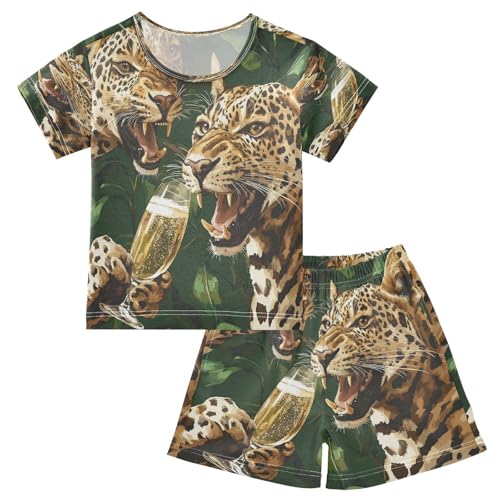 Pajama Sets Short Sleeve Leopard Drinking Champagne Artwork Soft Cotton Summer Sleepwear 2 Piece PJS Size 5-14T