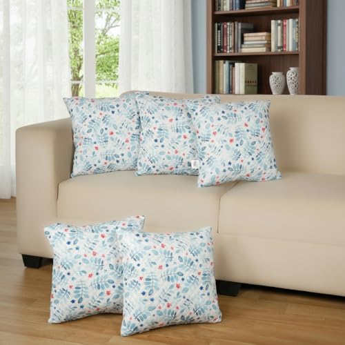 Image of STITCHNEST 'QuadraNest' Series Printed Quilted Velvet Cushion Cover 16x16 Inch Set of 5 | Premium Soft Fabric, Washable & Fade Resistant | Decorative Living Room Cushion Covers | Blue Floral