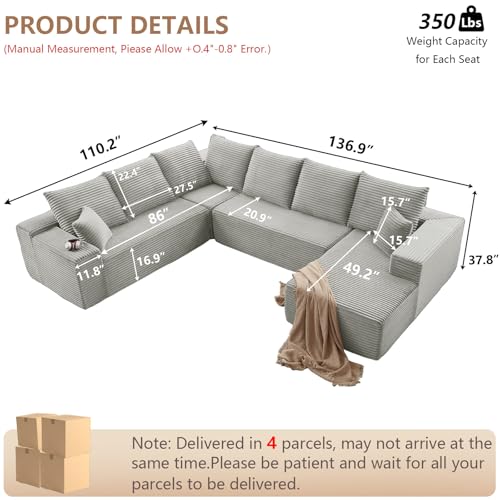 Image of Oversized Modular Sectional Sofa Couch, Large 6 Seater Corner Sofa Modern U Shaped Sectional Couch Cloud Couches for Living Room, Office, Spacious Space, Corduroy,No Assembly Required, Light Grey