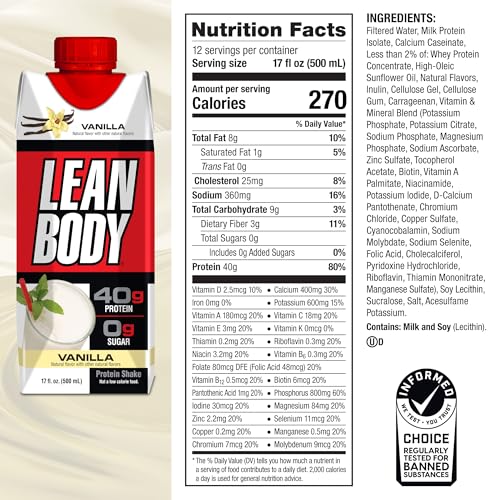 Image of Labrada Lean Body Ready-to-Drink Vanilla Protein Shake, 40g Protein, Whey Blend, 0 Sugar, Gluten Free, 22 Vitamins & Minerals, 17 Fl Oz (Pack of 12)