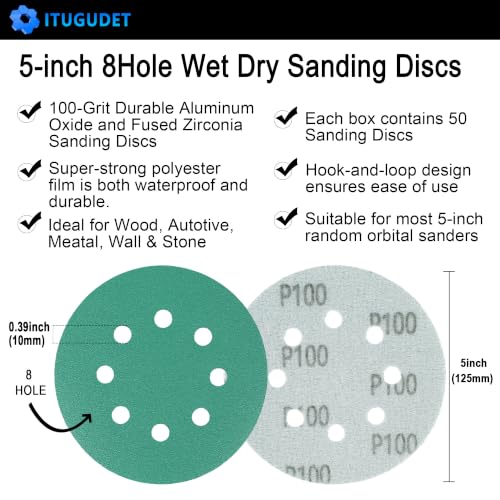 Image of 5 Inch 8 Hole 100 Grit Zirconia Alumina Hook & Loop Sanding Discs, Heavy-Duty Polyester Film Backing, Wet /Dry Sandpaper for Random Orbital Sanders - Wood, Automotive, Metal - 50 Pack