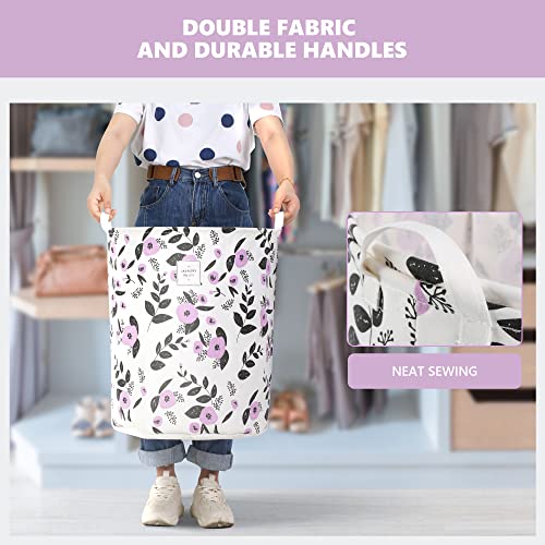 Image of Large Foldable Laundry Basket Organizer Holder portable tall collapsible laundry hamper nusery Storage Basket Bin with Handles Canvas & Waterproof lining for Household Items (Floral Purple)
