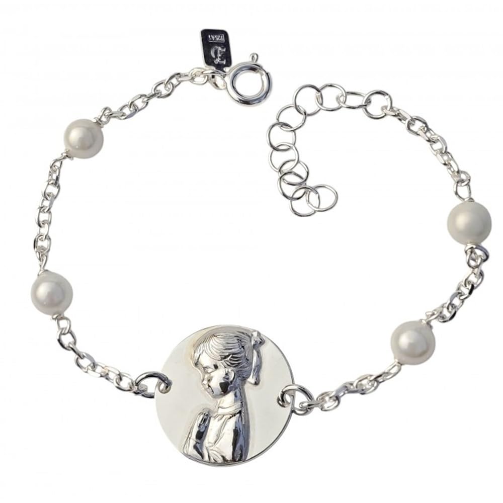 Pulsera comunión Virgen Niña de Plata de ley con Perlas