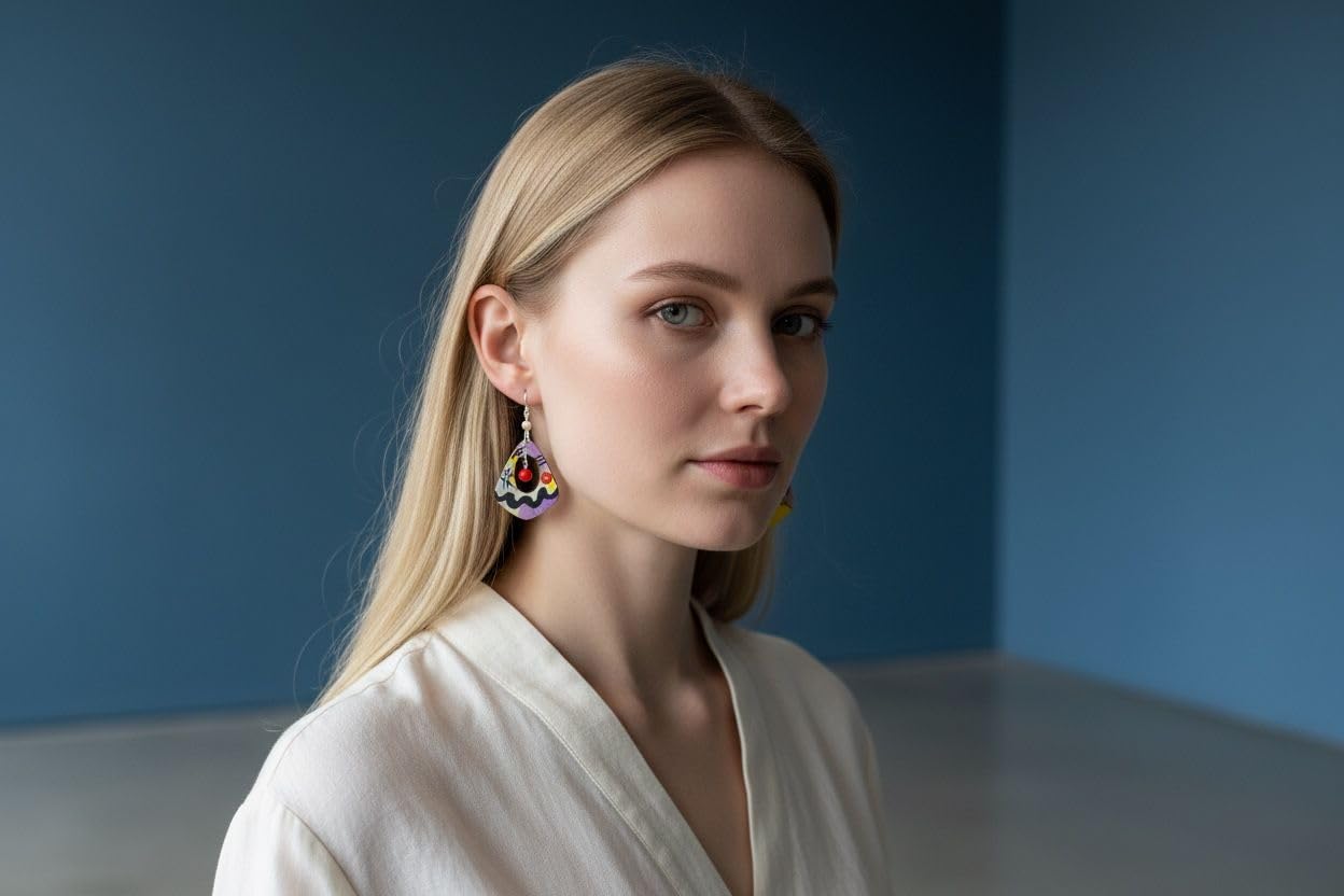 Boucles d'oreilles peintes à la main - BLEU, JAUNE, ROUGE PAR KANDINSKIJ - Boucles d'oreilles pendantes pour femme, Bijoux en bois peint, Crochet en argent, Made in Italy, Bijoux pour femme, Artisanat