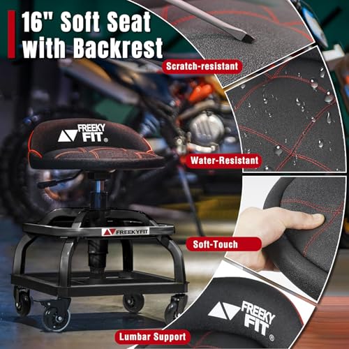 Image of Rolling Shop Stool with Wheels, Garage Work Mechanic Stool with Backrest, Roller Mechanic Chair, Adjustable Height, 360 Swivel, Tool Tray Storage, 330 LBS Capacity, Heavy Duty, Black
