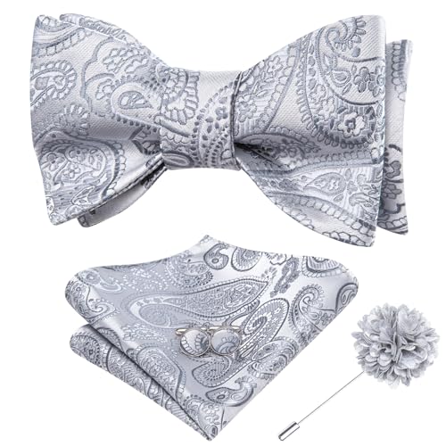 Image of Dubulle Self Tie Bow Ties and Lapel Pin for Men Paisley Solid Mens Bowtie and Handkerchief Cufflinks Set Wedding