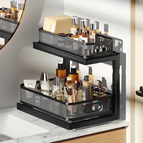 Image of 2-Pack Under Sink Storage Organizer with 2-Tier Slide Out Drawer, Sophisticated Mesh Pull Out Shelf for Kitchen & Bathroom, Fits Small Items, Upgraded Arched Track for Smooth Gliding(Patented)