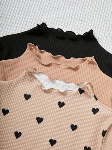 OYOANGLE Girl's 3 Pack Short Sleeve T-Shirts Ribbed Knit Mock Neck Tee Shirts Heart Print Tees3