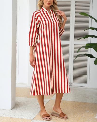 Image of YEXPINE Women Summer Striped Button Down Long Maxi Dress Loose Fit 3 /4 Sleeve Cotton Caftan Shirt Dress with Pocket