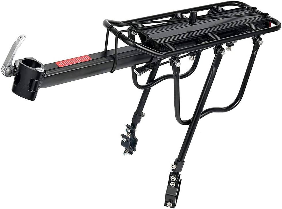 Rear Bike Aluminum Alloy Adjustable Cargo Rack with Tools and Reflector (Black, 110 lbs / 50kg)