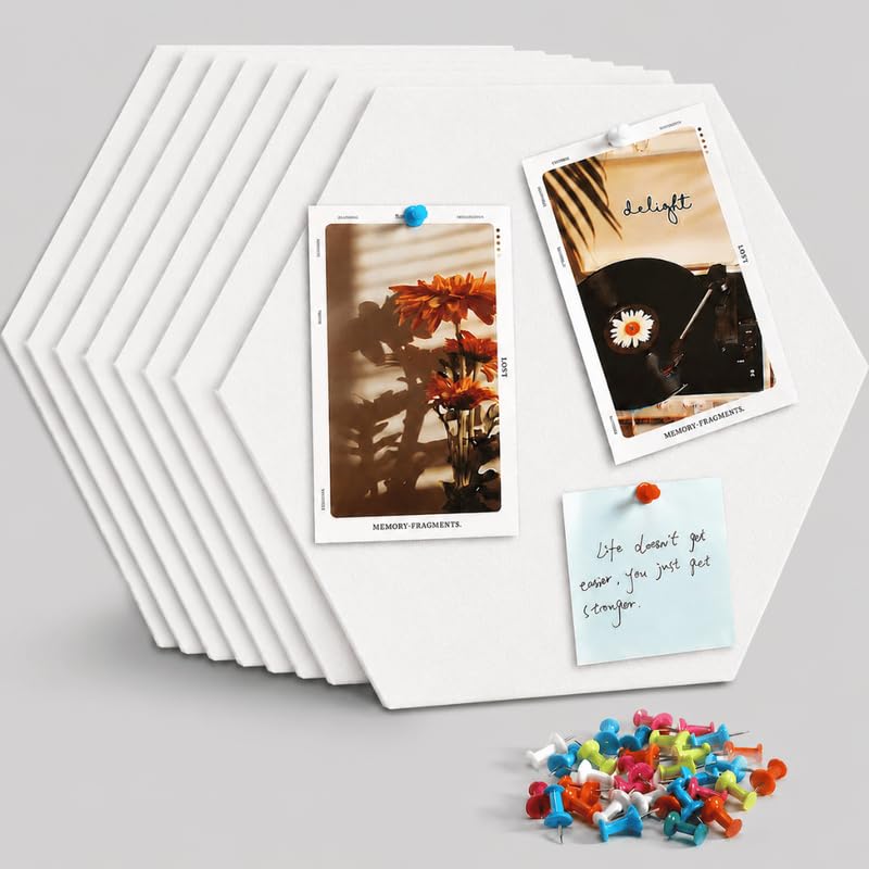 Image of Quiet Canvas Hexagon Pinboard, 1x1 ft, Pack of 8, 50 PushPins, (White)