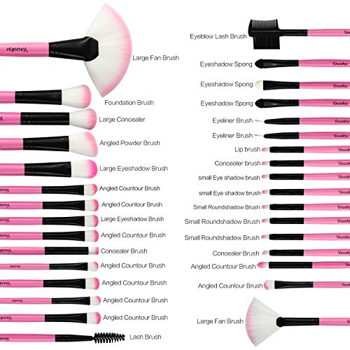 Yuwaku Pink Makeup Brush Set, 32pcs Premium Synthetic Brushes, Kabuki Foundation Brush Blending Face Powder Blush Concealers Eye Shadows Cosmetic Brushes Kit with Nylon Bag