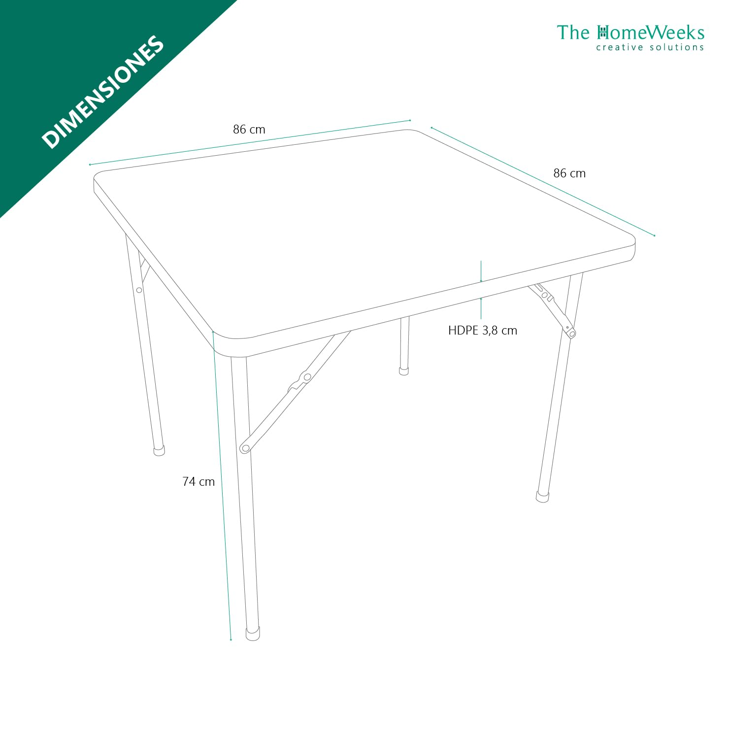 Mesa plegable SOLID Cuadrada 86*86*74cm | Portátil | Multifuncional | Normativa Uso Público Interior/Exterior (EN 581-1/3) | Tablero Resina HDPE 3,8cm. | Capacidad 4 Personas | Carga 120 kg.