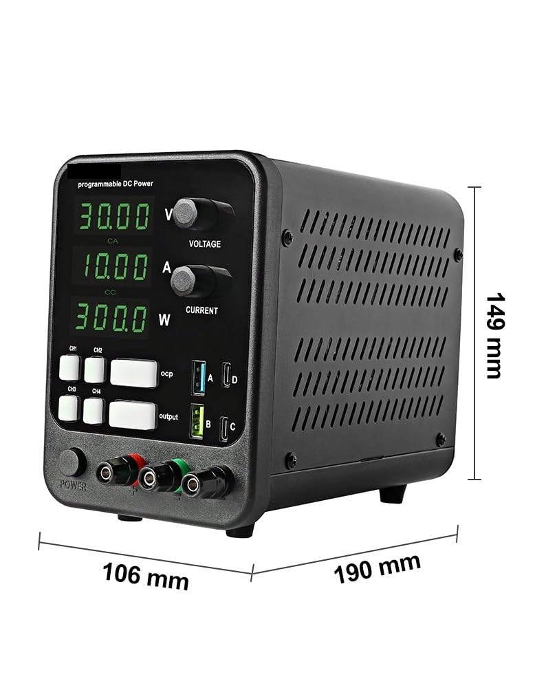 Fuente de alimentación de CC, Fuente de alimentación CC ajustable Pantalla LED 4 dígitos Fuentes laboratorio USB con regulador voltaje(0-30V10A-300W)