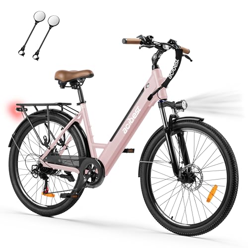 Image of ACTBEST Core Electric Bike, 468Wh Removable Battery, 26 inch Step Thru Electric Bicycle, 350W(Peak 750W) Brushless Motor Cityrun Ebike, with 7 Speed, Up to 50 Miles, Pink - with Mirror