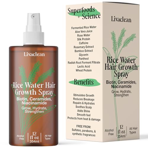 LivaClean Rosemary & Rice Water Spray for Hair Growth 12 fl oz Fermented Rice Water with Biotin Caffeine & Silk Protein Strengthening Leave-In for Thinning Damaged & Curly Hair