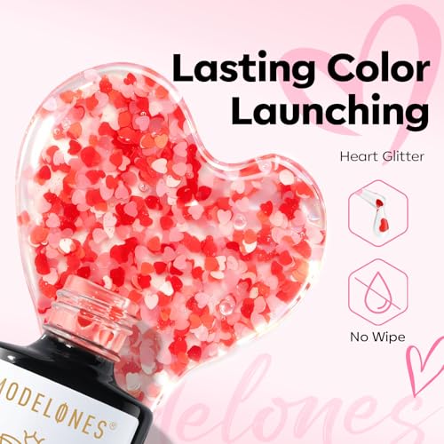 Image of modelones Valentines Gel Nail Polish, 2 Pcs 15 ML Pink Red Gel Polish Hot Pink Red Love-heart Glitter Gel Polish Shimmer Spring Soak Off LED Nail Art DIY Gift For Women Girl