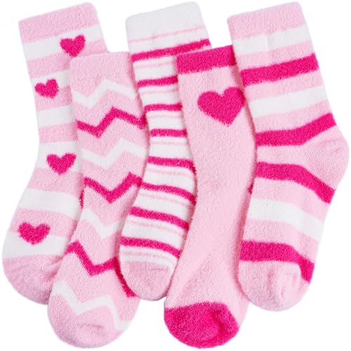 HONGTEYA Fuzzy Socks for Women Girls Cozy Soft Warm Winter Fluffy Slipper Socks Cute Christmas Stcoking Stuffers Gifts Pink Heart