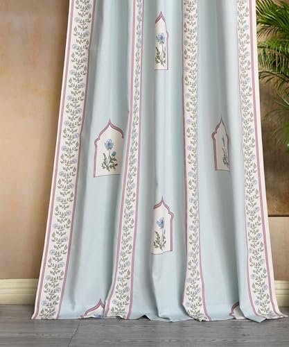 Image of Tranquebar Curtain Co. Window Curtains 5 Feet, 60-65% Room Darkening,Multi Blue Mughal Print, Cotton Curtains for Window, Cotton Curtains 5 Feet Long Set of 2, BackTab Loops,Noor (152 cm) - Set of 2