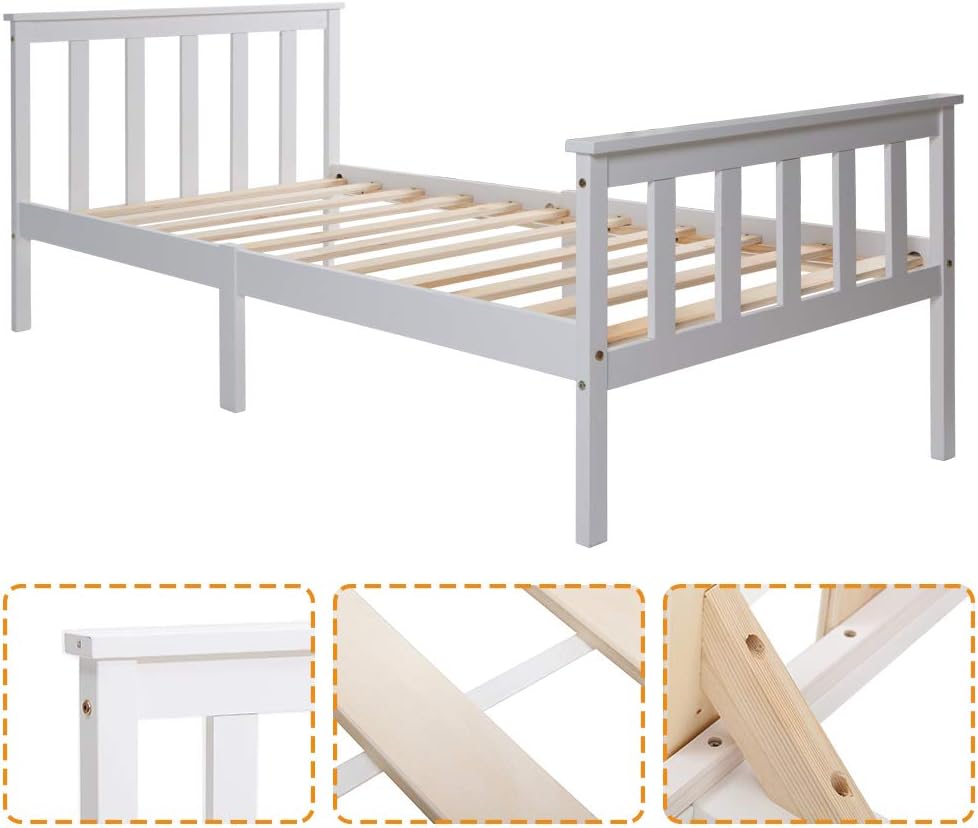 Close-up images of bed frame joints and slat attachment mechanisms