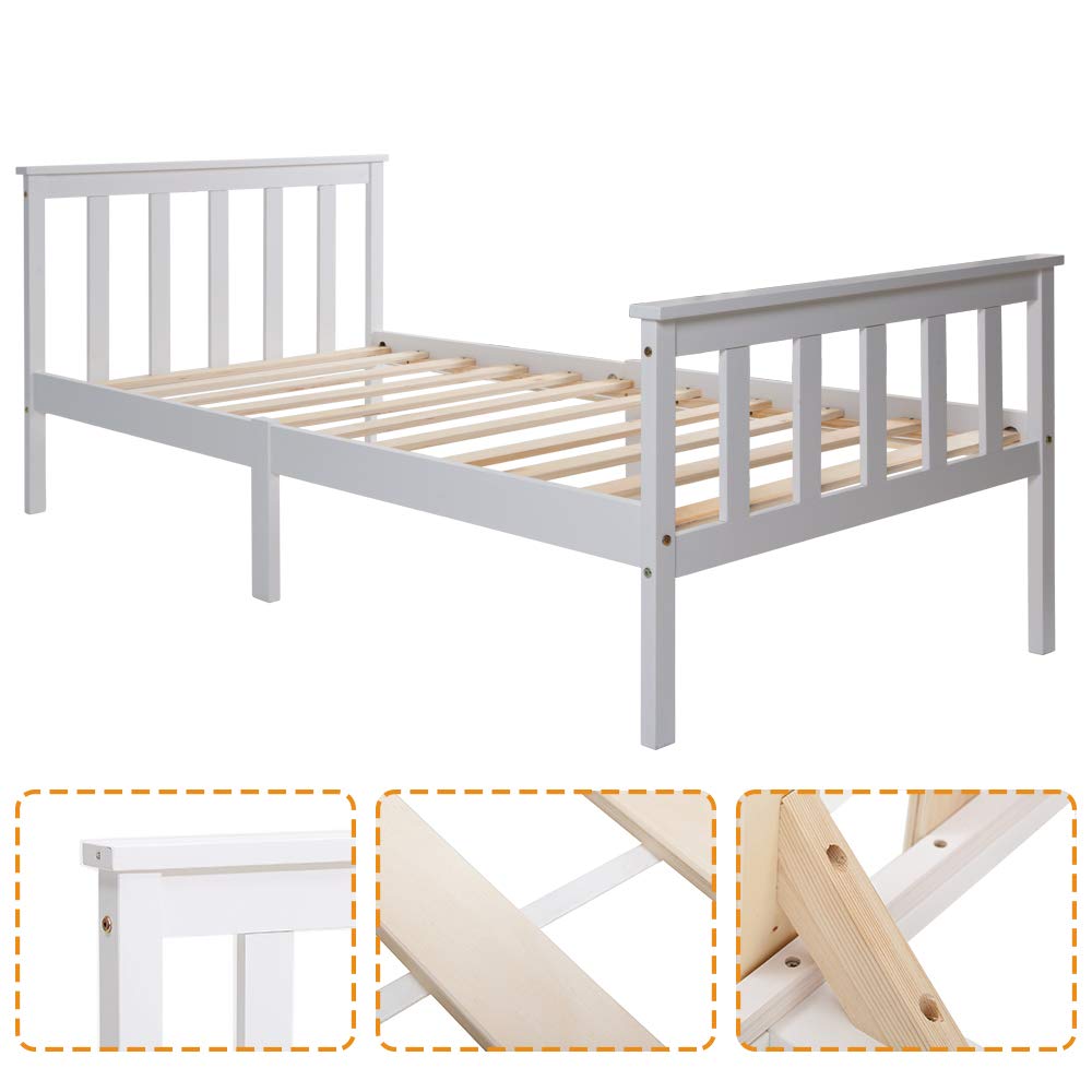 Merax Holzbett Einzelbett 90 x 200 cm, Weiß Massivholz Bettgestell mit Lattenrost und Hohem Kopfteil, Kinderbett Jugendbett Gästebett Rahmen Kiefer