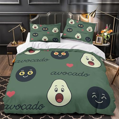 VOXYTMLWG Avocado Emoji Housse de Couette 3D Effet Microfibre 3 Pièces Éclair Ultra Douce Cute Coon Parure de Lit Super Douce Entretien Facile for Adolescent...
