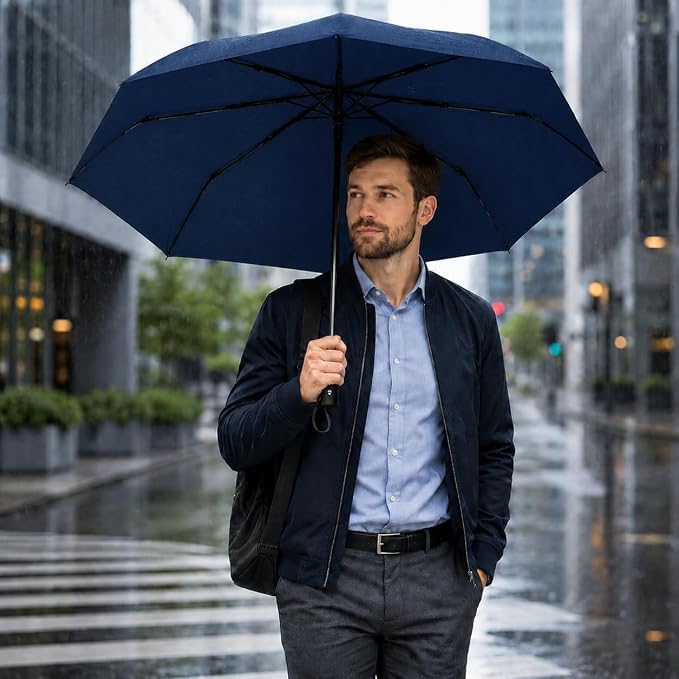 Image of Auto Open Umbrella with Carabiner Hook Handle - 3 Fold Compact Travel Umbrella for Men & Women | Double Fibreglass Wind Resistant Frame | UV Coated Sun & Rain Protection