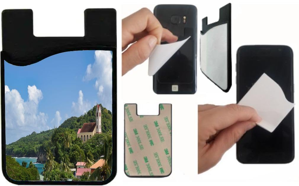 Island Gifting Neoprene Stick-on ID Card Holder for iPhone/Galaxy/Google Android Cases Featuring Image of Church Next to Bay at Leapers Hill in Grenada