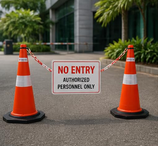 Image of K T I Traffic Cone 750 MM Height having Reflective Collar With 2 Meter Red And White Chain For Parking, Construction, Industries, Hospitals, Malls Etc Pack Of 2