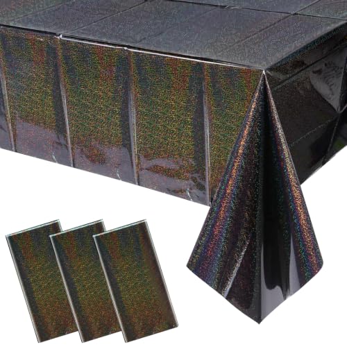Image of 3 Pack Iridescent Black Plastic Tablecloths, Shiny Disposable Laser Rectangle Table Covers, Holographic Foil Tablecloth for Halloween Birthday Space Graduation Black Themed Party, 54x108Inch
