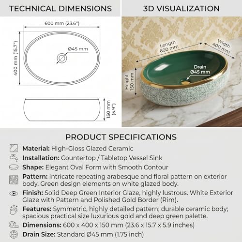 Image of BASSINO 24x16x6 Inches Table Top Washbasin /1 Year Warranty /Ceramic Wash Basin for Bathroom /Oval Shape Counter Top Wash Basin for Restaurant /Dining Hall /Living Room /Home(Glossy Green & Gold)