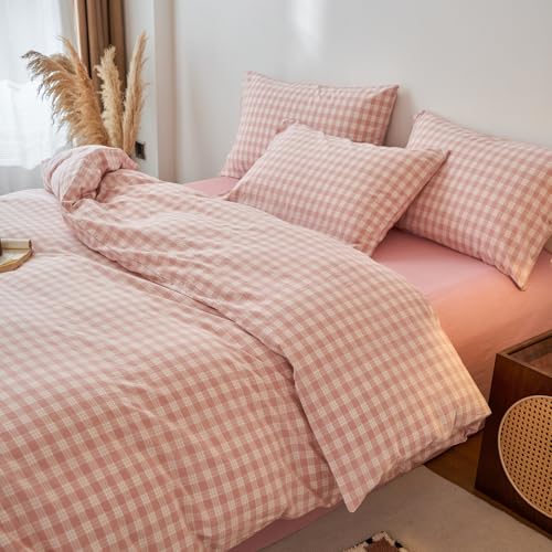 Image of EAVD Vintage Style Gingham Plaid Duvet Cover King Pink White Soft 100% Washed Cotton Chic Warm Checkered Bedding Set with 2 Pillowcases Farmhouse Grid Gingham Duvet Cover with Zipper Closure