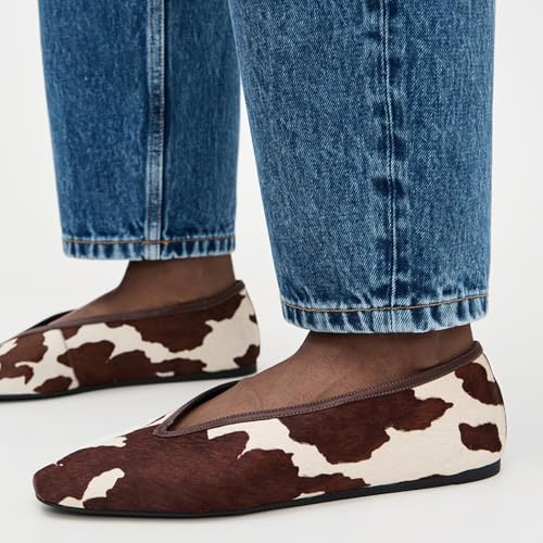 Calf Hair Flats for Women Square Toe Slip-On Cow Print Ballet Flats Comfort Daily Shoes3