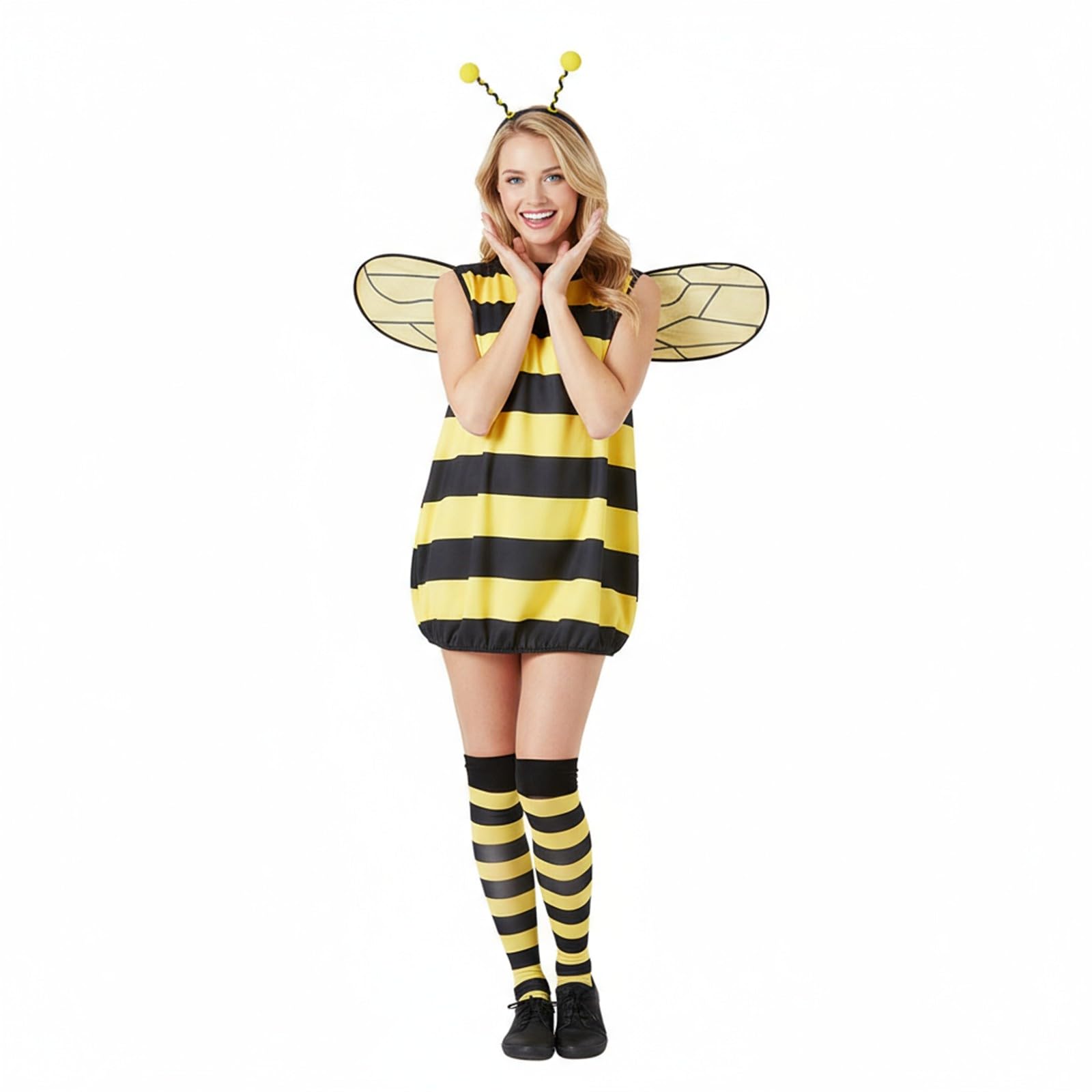Disfraz de Abeja para Mujer Adulta, Disfraz de Carnaval con Alas y Diadema, Calentadores de Piernas a Juego, Ideal para Carnaval, Cosplay y Fiestas Temáticas