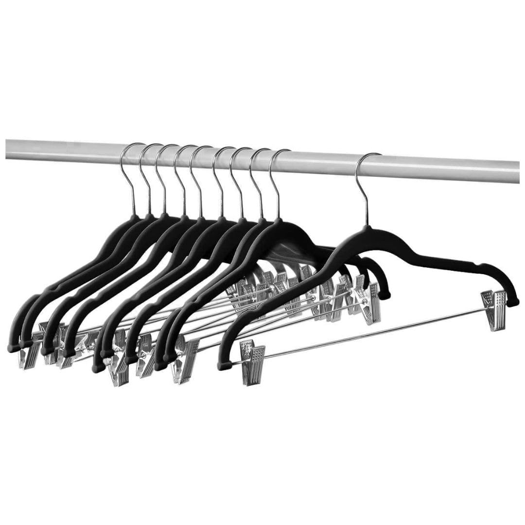 Home-It 10 Pack Clothes Hangers With Clips Black Velvet Hangers Use For Skirt Hangers Clothes Hanger Pants Hangers Ultra Thin No Slip