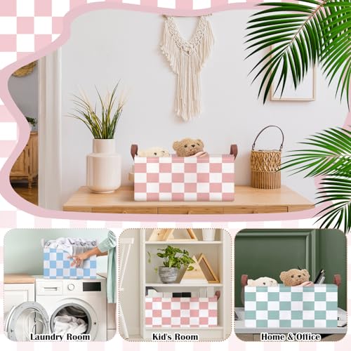 Image of Boao 3 Pcs Pink Green Blue Checkered Storage Basket with Handle Cute Car Baskets Gingham Classroom Laundry Toy Storage Bin Organizer Canvas Plaid Hamper for Dormitory Home Nursery Bathroom Bedroom