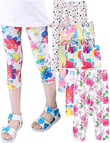 Kiench Girls Capri Leggings Crop Summer Pants 3/4 Length Printed Pack of 4