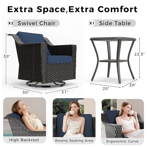 Image of 3 Piece Patio Furniture Set, Wicker Outdoor Conversation Set | Patio Chair Set with Olefin Removable Cushion, All-Weather Glider Swivel Chair Set with Deep Seat for Porch, Deck, Blue