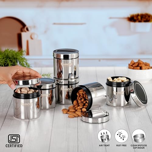 Image of Sumeet ISI Certified Stainless Steel Air Tight Storage Container /Jar /Canister /Dabba with Threading Screw Cap for Kitchen - Pack of 6Pc, 8.3cm, 350ml, Silver