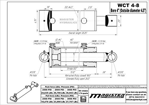Image of Magister Hydraulic Cylinder 4 inch Bore x 8 inch Stroke, Welded Hydraulic Ram with Cross Tube Ends, Double Acting Hydraulic Piston 3500 PSI (WCT 4x8)