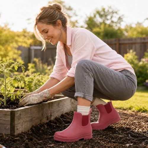 Image of planone Women's Fashion Waterproof Short Chelsea Rain Boots Durable Non Slip Ankle Rubber Boots Work Booties Lightweight Outdoor Garden Shoes with Removable Insole
