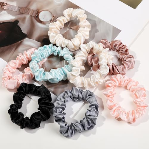 Image of Silk Hair Ties Satin Scrunchies - Small Mini Scrunchy for Women Thick Hair Accessories Cute Soft No Slip Hair Elastics Ponytail Holder for Curly Hair No Damage Hairties Gift for Girls