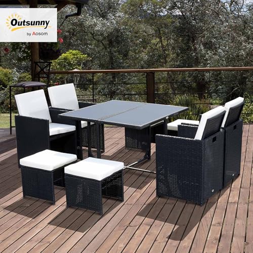 Outsunny 8 Seater Rattan Cube Garden Furniture Set, Space Saving Outdoor Dining Set with Cushions, Garden Table and Chairs with 4 Armchairs, 4 Footstools, Square Glass Top Table, Black 2 Outsunny 8 Seater Rattan Cube Garden Furniture Set, Space Saving Outdoor Dining Set with Cushions, Garden Table and Chairs with 4 Armchairs, 4 Footstools, Square Glass Top Table, Black - Image 2
