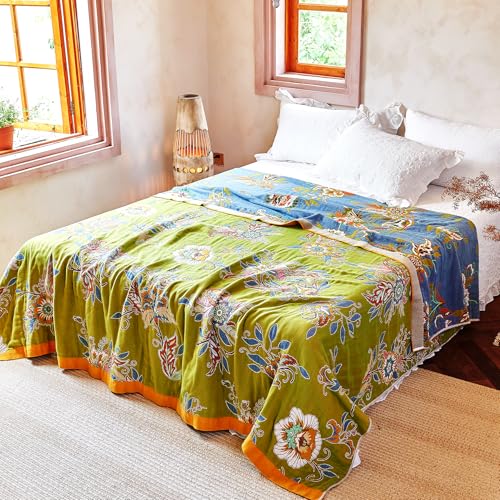 Boho Throw Blanket, 100% Organic Cotton Breathable Ultra Soft Bed Quilt Throw - All Season Luxury Floral Farmhouse Decor Blanket for Sofa Couch Chair and Gift. 91" x 98"-Green/Blue
